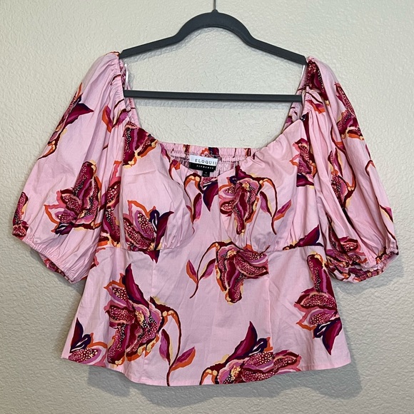 Eloquii Elements Women's Plus Size Smocked Cropped Top with Puff Sleeves Pink - Picture 4 of 9